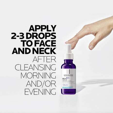 La Roche Posay Mela B3 Niacinamide Serum for Dark Spots 30ml with application instructions.