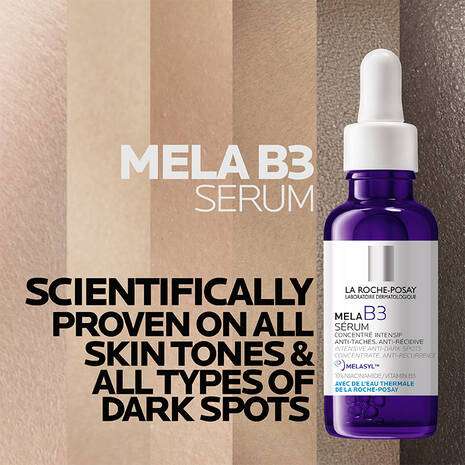 La Roche Posay Mela B3 Niacinamide Serum for Dark Spots 30ml bottle on textured background with text overlay.
