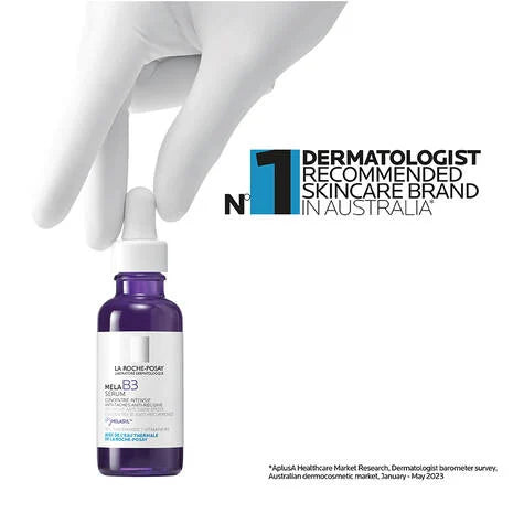 La Roche Posay Mela B3 Niacinamide Serum for Dark Spots 30ml in a dropper bottle, dermatologist recommended skincare.