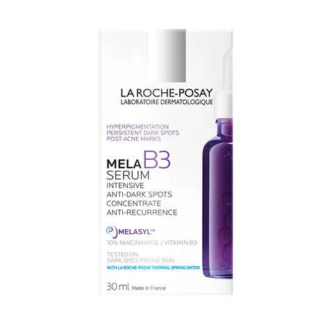 La Roche Posay Mela B3 Niacinamide Serum for Dark Spots 30ml in a purple bottle with dropper.