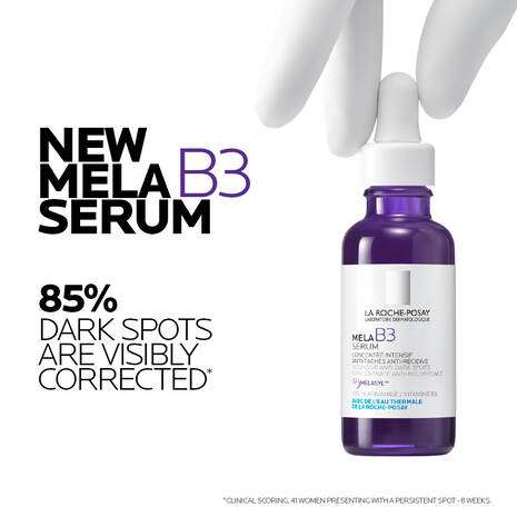 La Roche Posay Mela B3 Niacinamide Serum for Dark Spots 30ml displayed with syringe and text highlighting dark spot correction benefits.