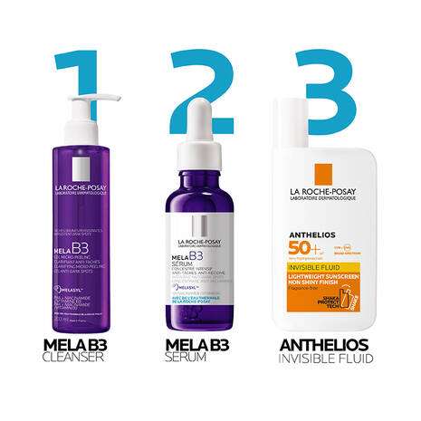 La Roche Posay Mela B3 Niacinamide Serum for Dark Spots 30ml alongside Mela B3 Cleanser and Anthelios Invisible Fluid.