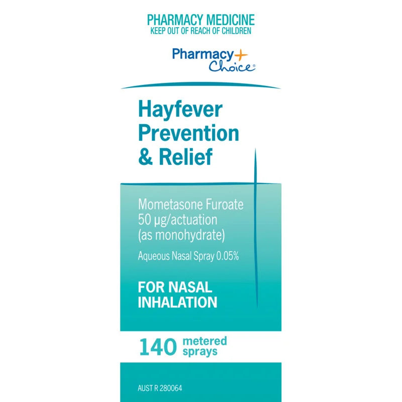 Pharmacy Choice Hayfever Prevention & Relief Spray **EXPIRY 6/26** for treating allergic rhinitis.