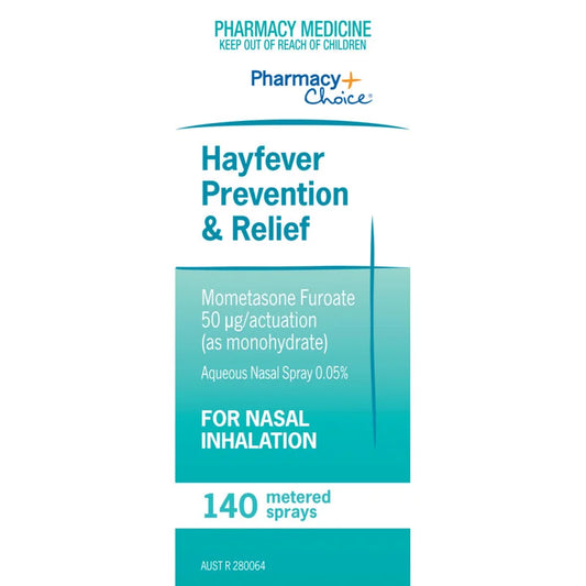 Pharmacy Choice Hayfever Prevention & Relief Spray **EXPIRY 6/26** for treating allergic rhinitis.