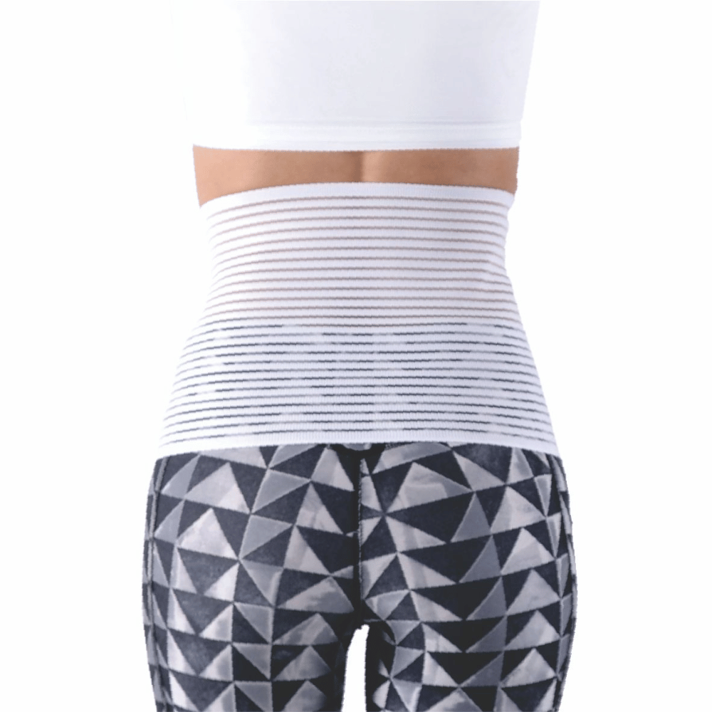 BodyAssist Lightweight Abdominal Binder shown on a model for max abdominal support and comfort.