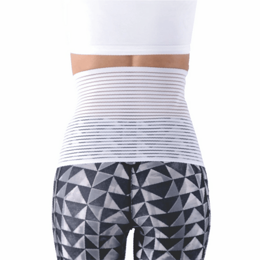 BodyAssist Lightweight Abdominal Binder shown on a model for max abdominal support and comfort.