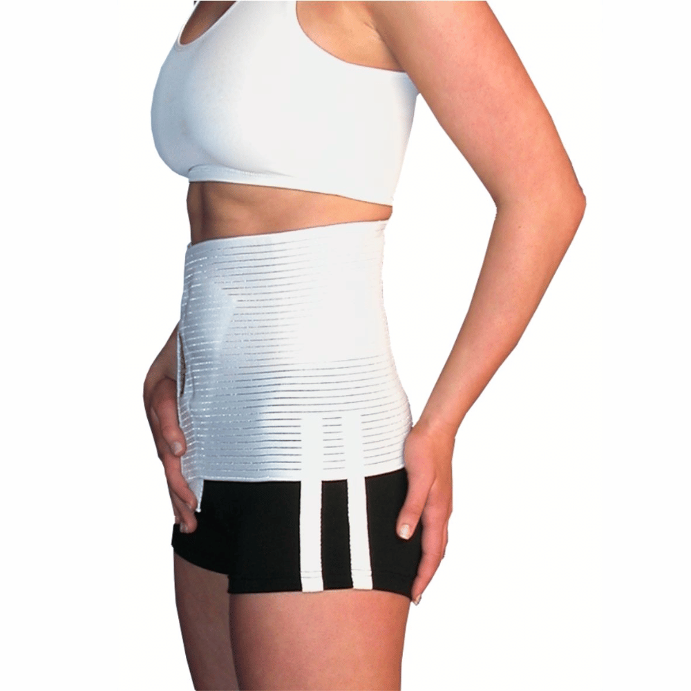 BodyAssist Lightweight Abdominal Binder on model showing the lightweight, orthopedic design for abdominal support.
