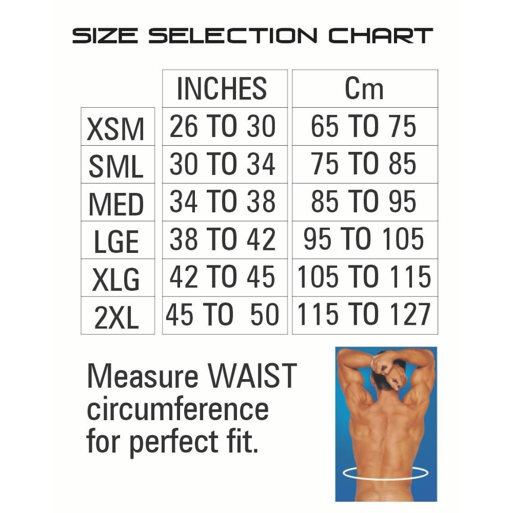 Size selection chart for BodyAssist Lightweight Abdominal Binder, showing measurements in inches and centimeters.
