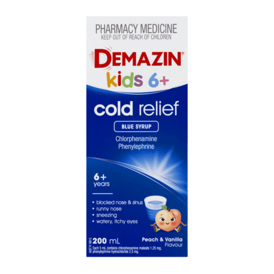 Demazin Kids 6+ Cold Relief Blue Syrup Peach & Vanilla Flavour 200mL