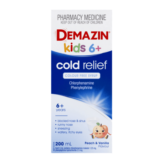 Demazin Kids 6+ Cold Relief Colour Free Syrup Peach & Vanilla 200mL