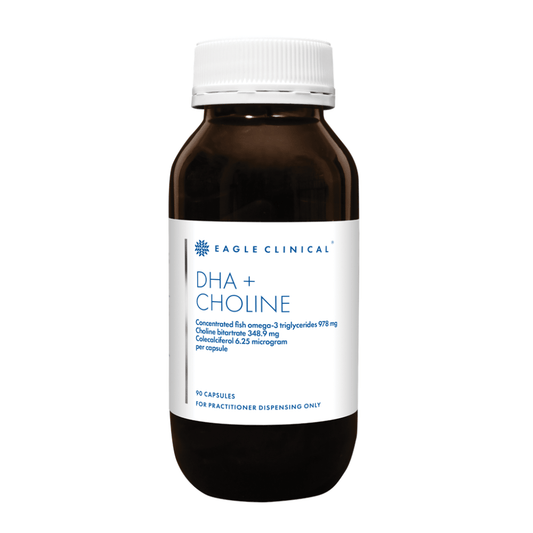 Eagle Clinical DHA + Choline 90 Capsules in a dark bottle, supports cognitive function and brain health.