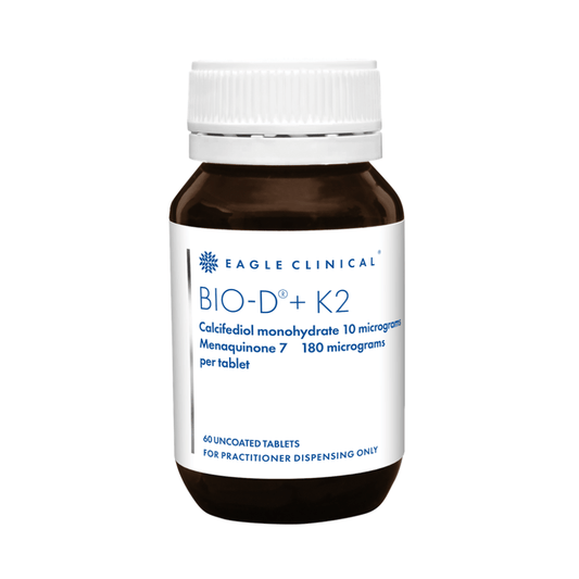 Eagle Clinical BIO-D + K2 60 Tablets supplement bottle with label indicating ingredients and dosage.