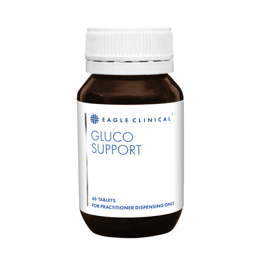 Eagle Clinical Gluco Support 60 Tablets bottle, designed to aid glucose metabolism and energy conversion.