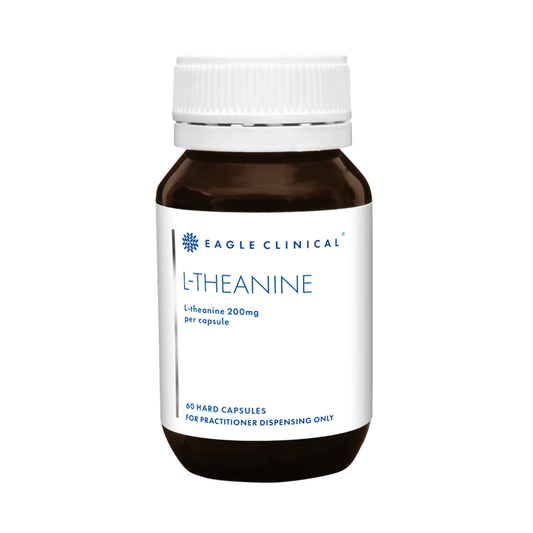 Eagle Clinical L-Theanine 60 Capsules bottle with L-theanine 200mg per capsule on label.