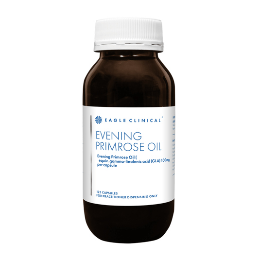 Eagle Clinical Evening Primrose Oil 125 Capsules in brown bottle for inflammation relief and skin health support.