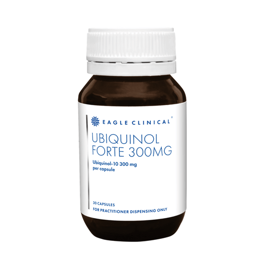 Eagle Clinical Ubiquinol Forte 300mg 30 Capsules bottle with Ubiquinol-10 300 mg per capsule.