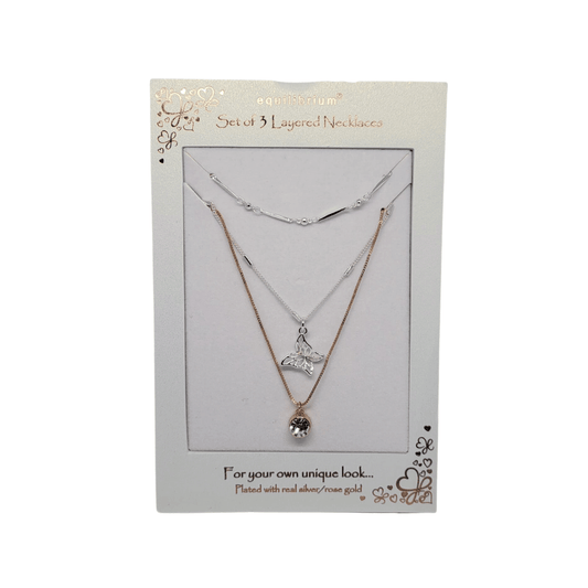 Equilibrium Rose Gold & Silver Diamond & Butterfly Triple Necklace
