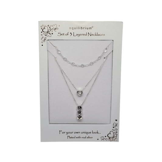 Equilibrium Silver 3 Diamond and Heart Triple Necklace