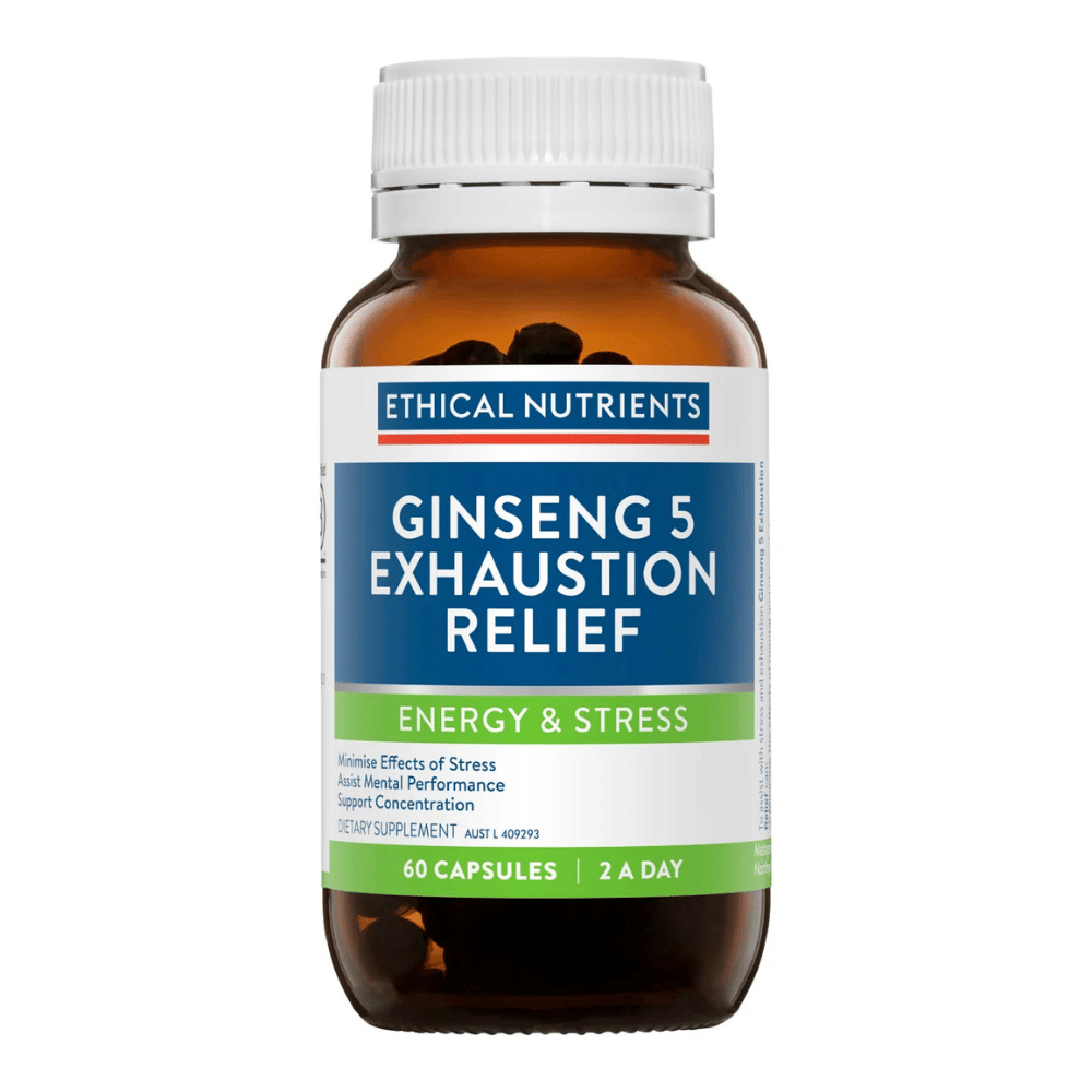 Ethical Nutrients Ginseng 5 Exhaustion Relief 60 Capsules bottle for energy and stress support.