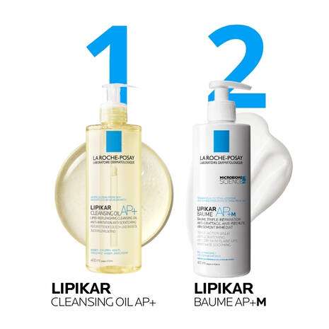 La Roche Posay Lipikar Ap+M Body Balm Cream 400ml with Lipikar Cleansing Oil AP+ displayed. Suitable for dry skin.