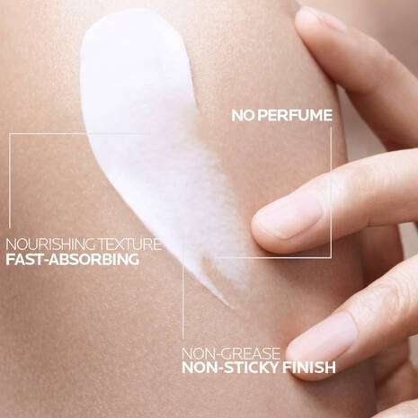La Roche Posay Lipikar Ap+M Body Balm Cream 400ml applied to skin, showcasing nourishing texture, fast-absorbing, non-grease finish.