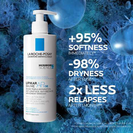 La Roche Posay Lipikar Ap+M Body Balm Cream 400ml with softness and dryness benefits showcased.