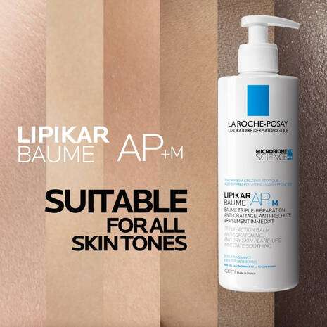 La Roche Posay Lipikar Ap+M Body Balm Cream 400ml with text stating suitable for all skin tones.