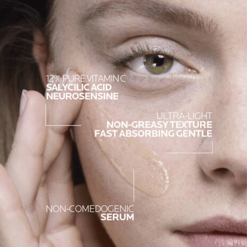 Vitamin C 12 Brightening Serum 30mL with 12% pure vitamin C, Salicylic Acid, and Neurosensine being applied on skin.