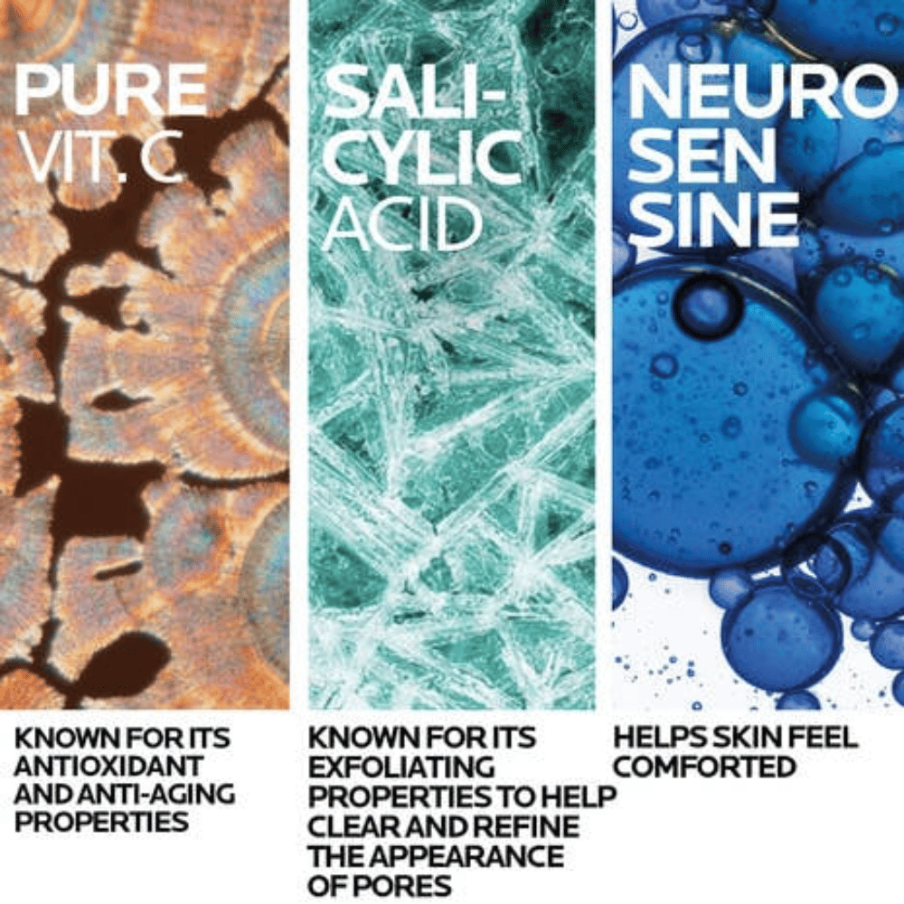 Image showcasing ingredients: Pure Vitamin C, Salicylic Acid, and Neurosensine for skincare benefits.