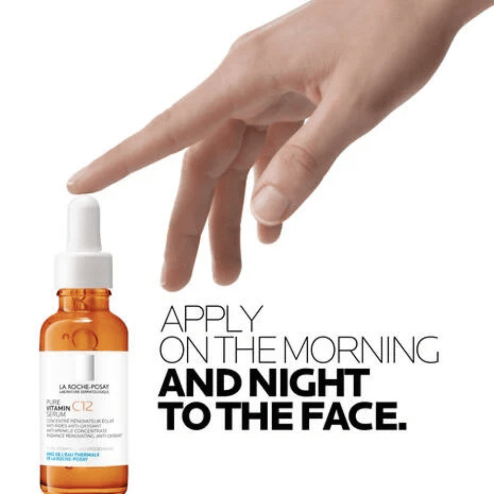 Person applying La Roche-Posay Vitamin C 12 Brightening Serum 30mL to the face for skincare routine.