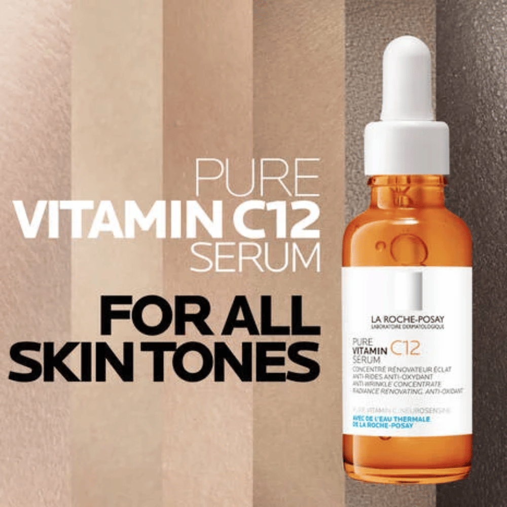 Vitamin C 12 Brightening Serum 30mL in a clear bottle promoting for all skin tones.