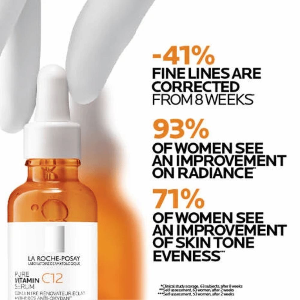Vitamin C 12 Brightening Serum 30mL shown with benefits of reducing fine lines and improving skin tone evenness.
