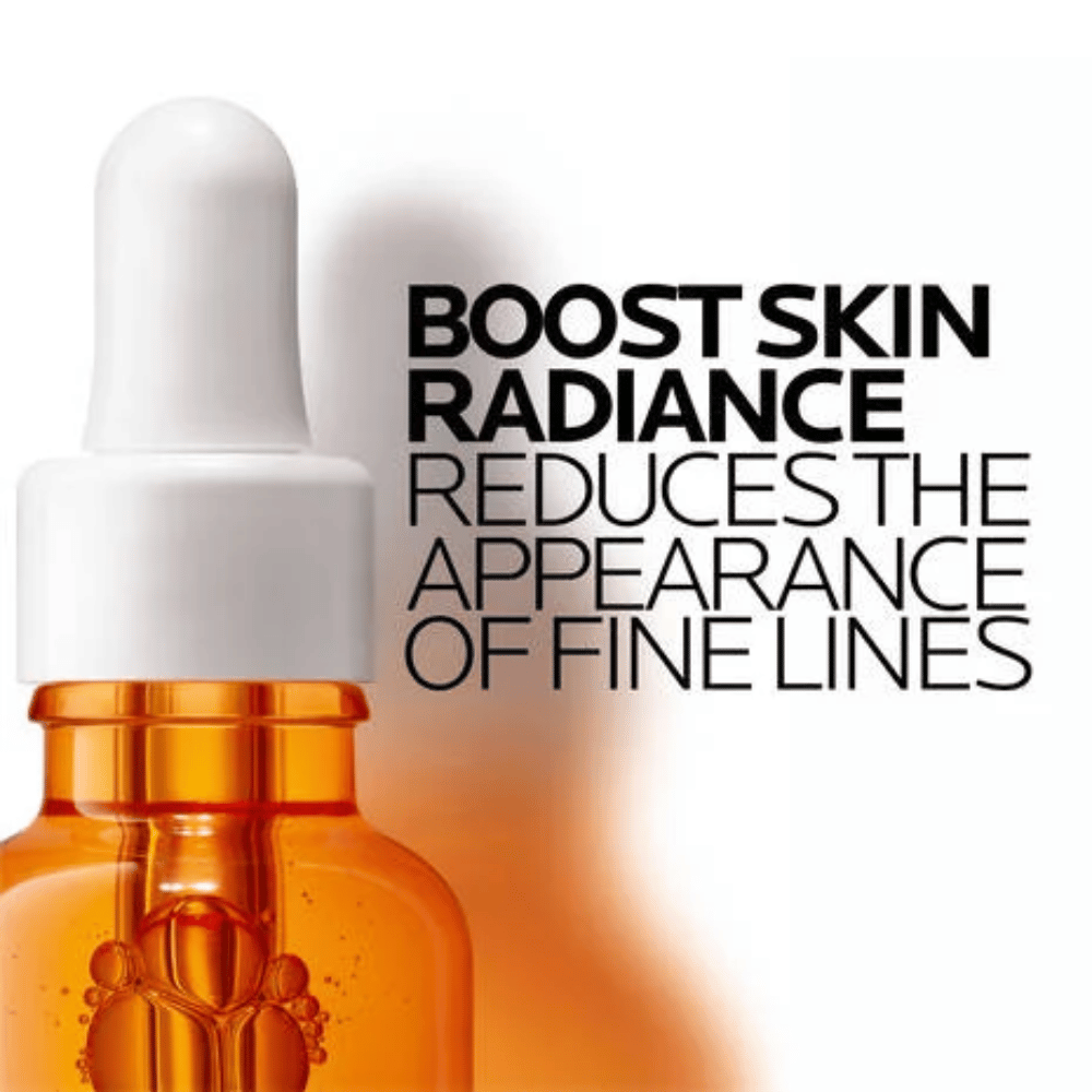 Vitamin C 12 Brightening Serum 30mL in a dropper bottle with text about boosting skin radiance and reducing fine lines.