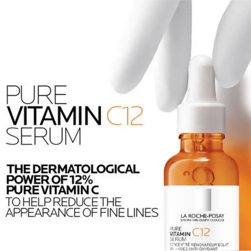 Vitamin C 12 Brightening Serum 30mL in a dropper bottle with text about its anti-ageing properties