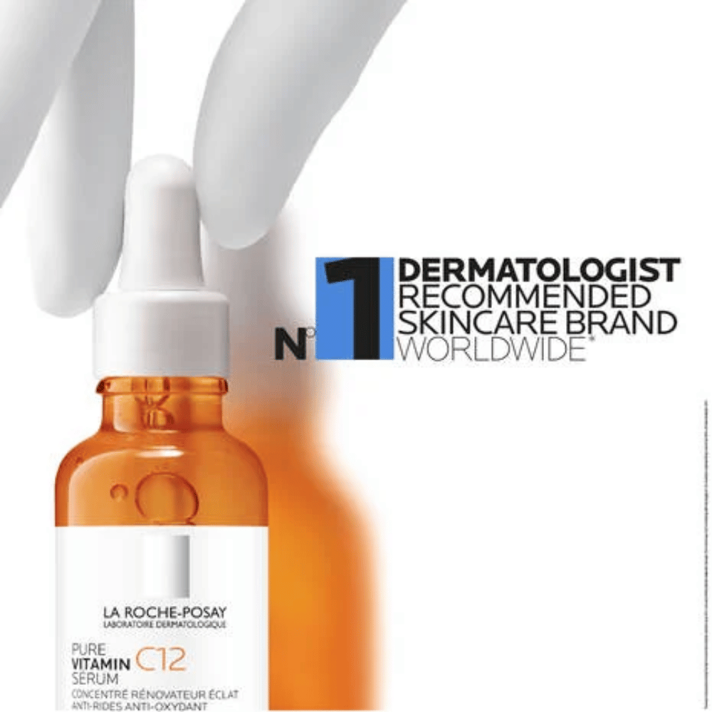 Vitamin C 12 Brightening Serum 30mL in a bottle with a dropper, showcasing La Roche-Posay's top dermatologist recommended product.