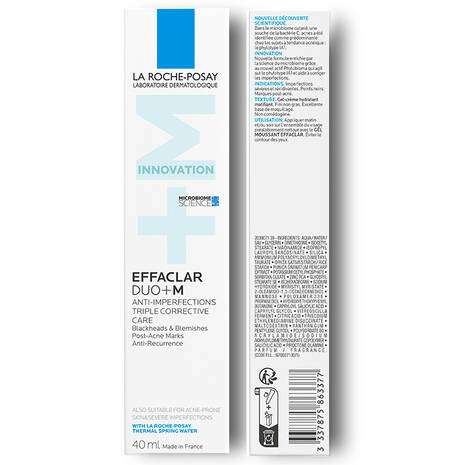 La Roche Posay Effaclar Duo+M Anti Imperfections Moisturiser 40ml packaging side view showcasing product details.