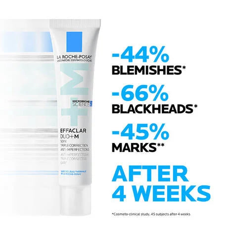 La Roche Posay Effaclar Duo+M Anti Imperfections Moisturiser 40ml with visible results in reducing blemishes, blackheads, and marks.