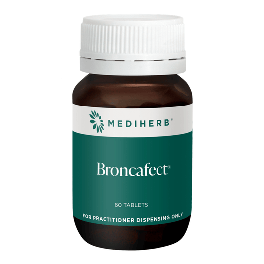 Mediherb Broncafect 60 Tablets bottle for bronchial cough relief and cold symptom reduction.