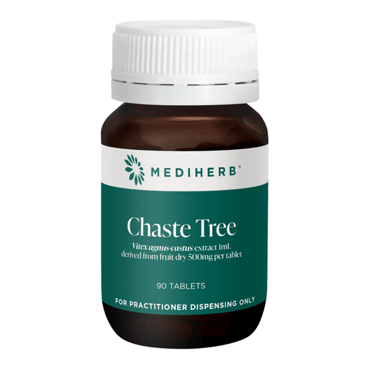 Mediherb Chaste Tree 90 Tablets bottle with green label and white cap for relieving premenstrual tension.