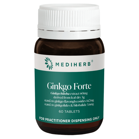 Mediherb Ginkgo Forte 60 Tablets packaging with Ginkgo biloba extract for enhanced circulation and cognitive support.