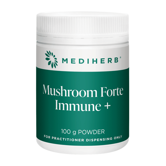 Mediherb Mushroom Forte Immune + Powder 100g container for immune support, featuring mushroom extracts.