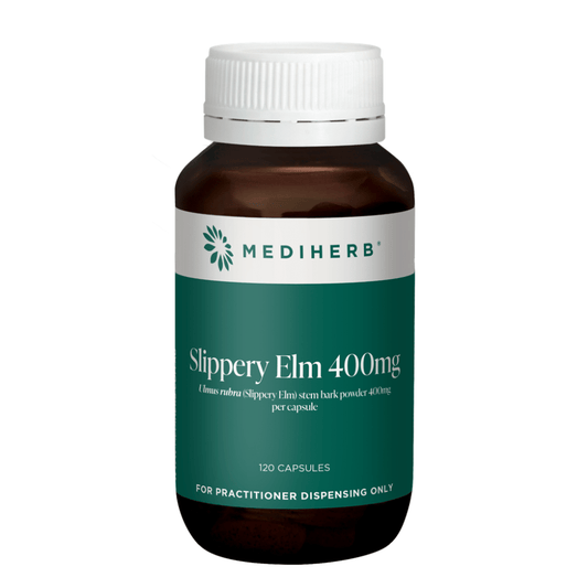 Mediherb Slippery Elm 400mg bottle containing 120 capsules for herbal health support.
