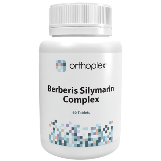 Orthoplex White Berberis Silymarin Complex 60 Tablets bottle with label showcasing product features.