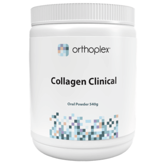 Orthoplex White Collagen Clinical Powder 540g container showcasing collagen powder for skin and joint health.