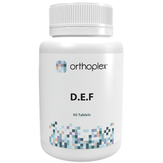 Orthoplex White DEF 60 Tablets bottle with advanced enzymatic support for healthy digestion.