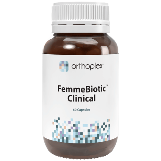Orthoplex White FemmeBiotic Clinical 60 Capsules in a brown bottle for women's health support