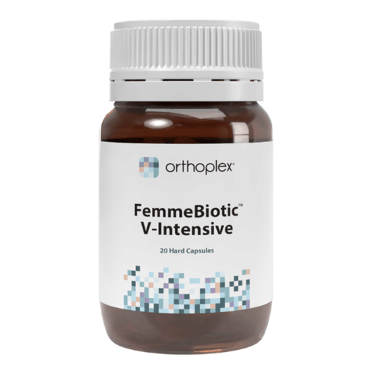 Orthoplex White FemmeBiotic V-Intensive 20 Capsules in a brown bottle for vaginal health support.