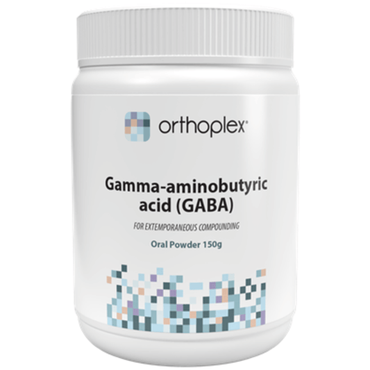 Orthoplex White Gamma-aminobutyric acid (GABA) Oral Powder 150g product packaging image.