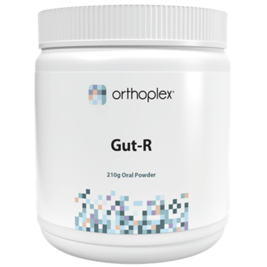 Orthoplex White Gut-R Oral Powder Lemon 210g packaging for gut health support and repair.