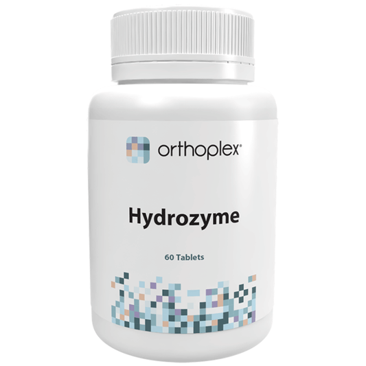 Orthoplex White Hydrozyme 60 Tablets bottle with label detailing ingredients and benefits.